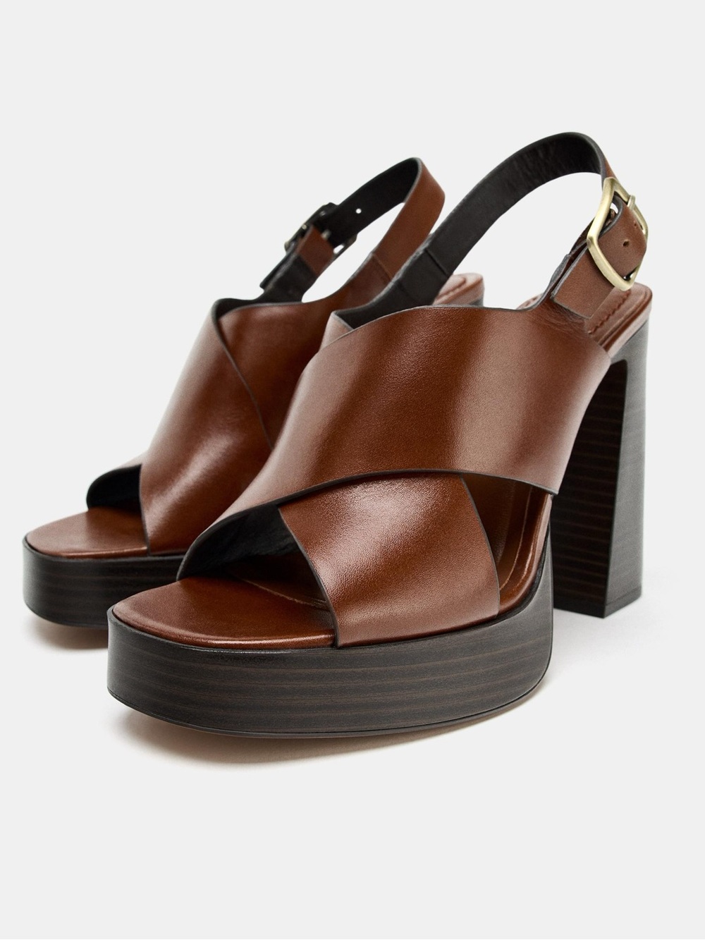 ZARA Women's Brown Leather Platform Slingback Heeled Sandals NWT 7.5